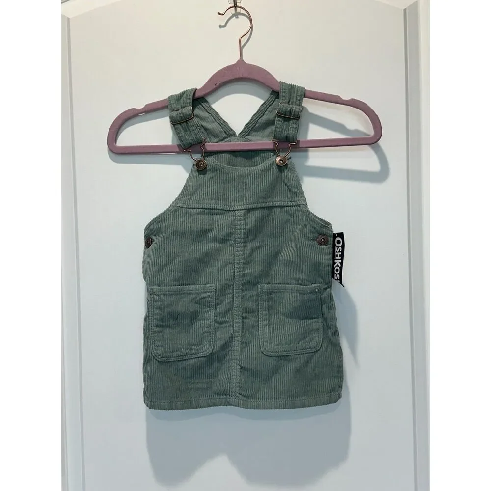 NWT Oshkosh B'gosh Corduroy Overall Dress Sage Green Size 2T